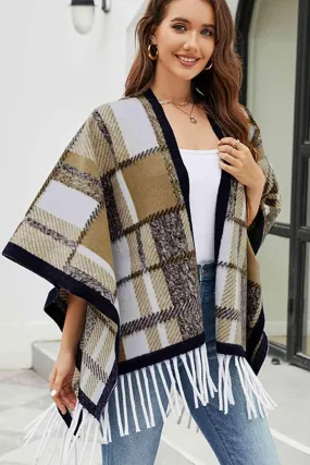 Cloak Sleeve Plaid Open Front Fringe Poncho