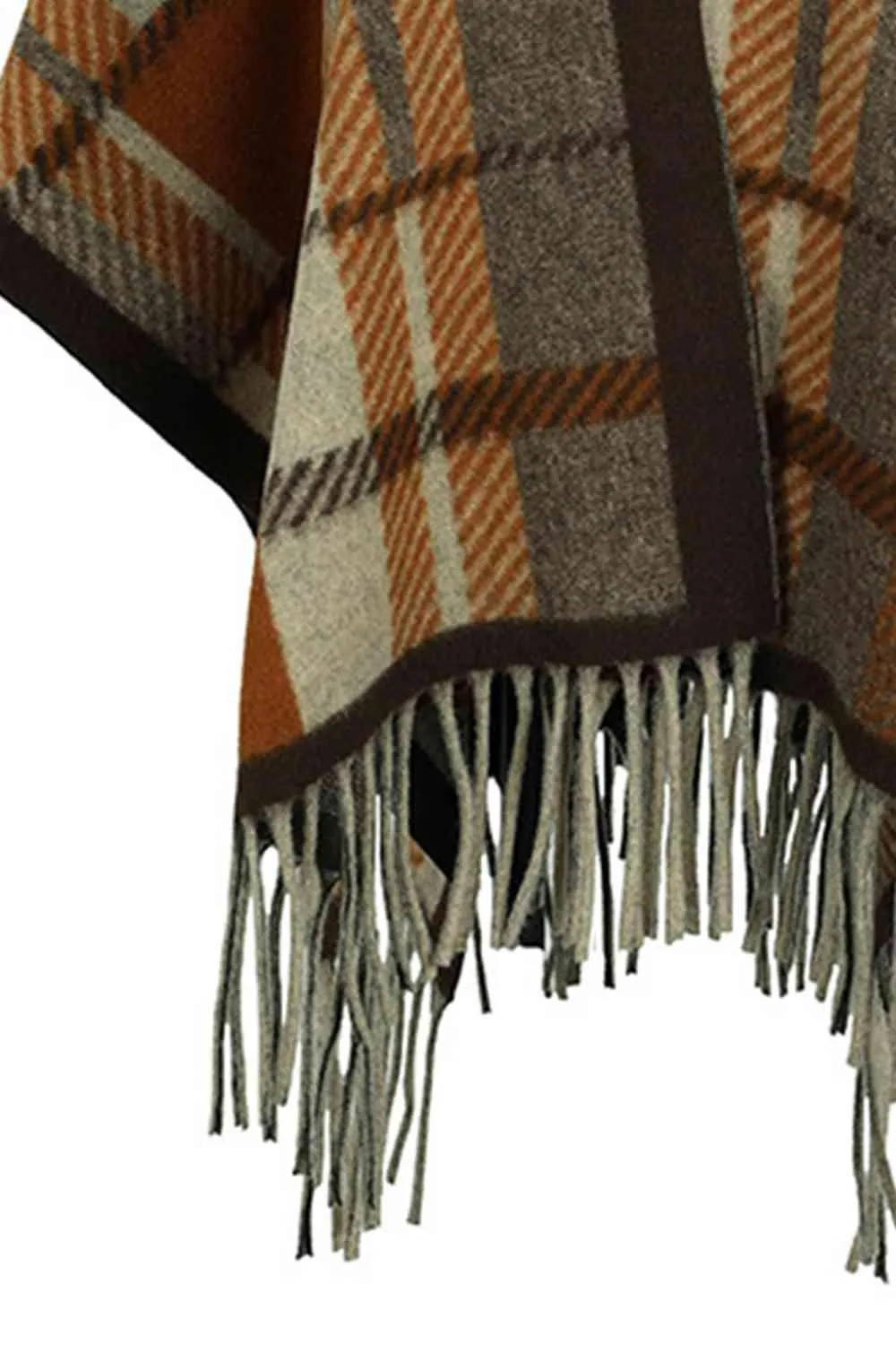 Cloak Sleeve Plaid Open Front Fringe Poncho