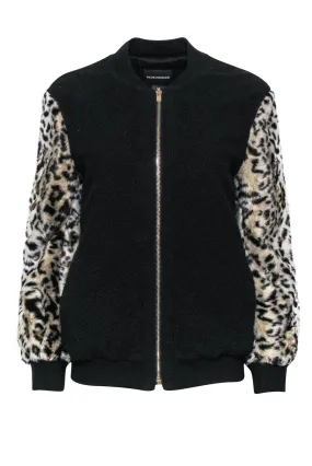 Club Monaco - Black Zip-Up Bomber Jacket w/ Faux Fur Leopard Print Sleeves Sz S
