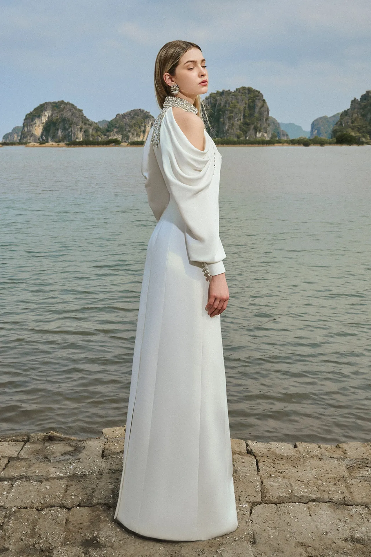Cold-Shoulder Turtleneck Column Dress