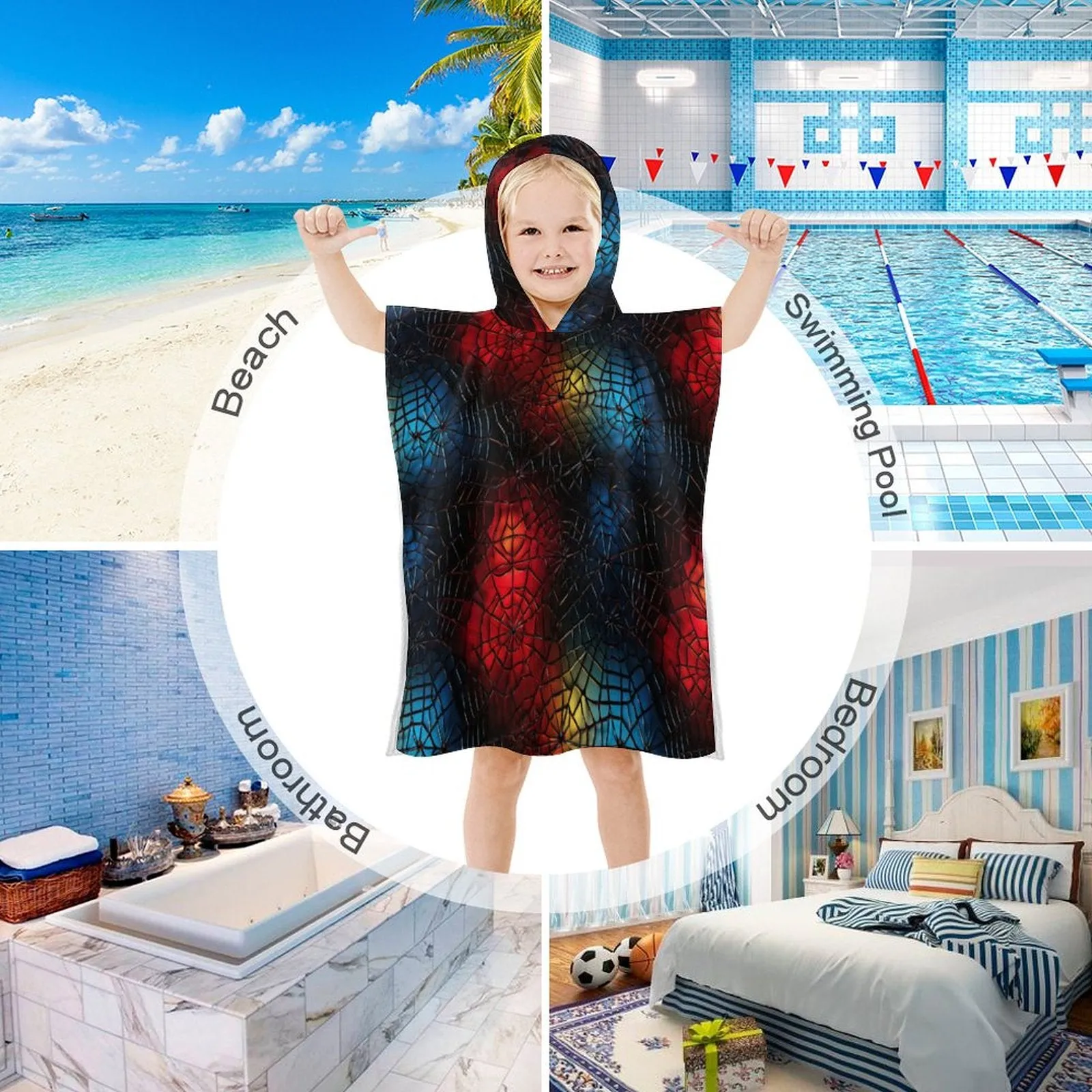 Colored Spider Webs, Hooded Terry Cloth Pullover Towel for Kids, Children