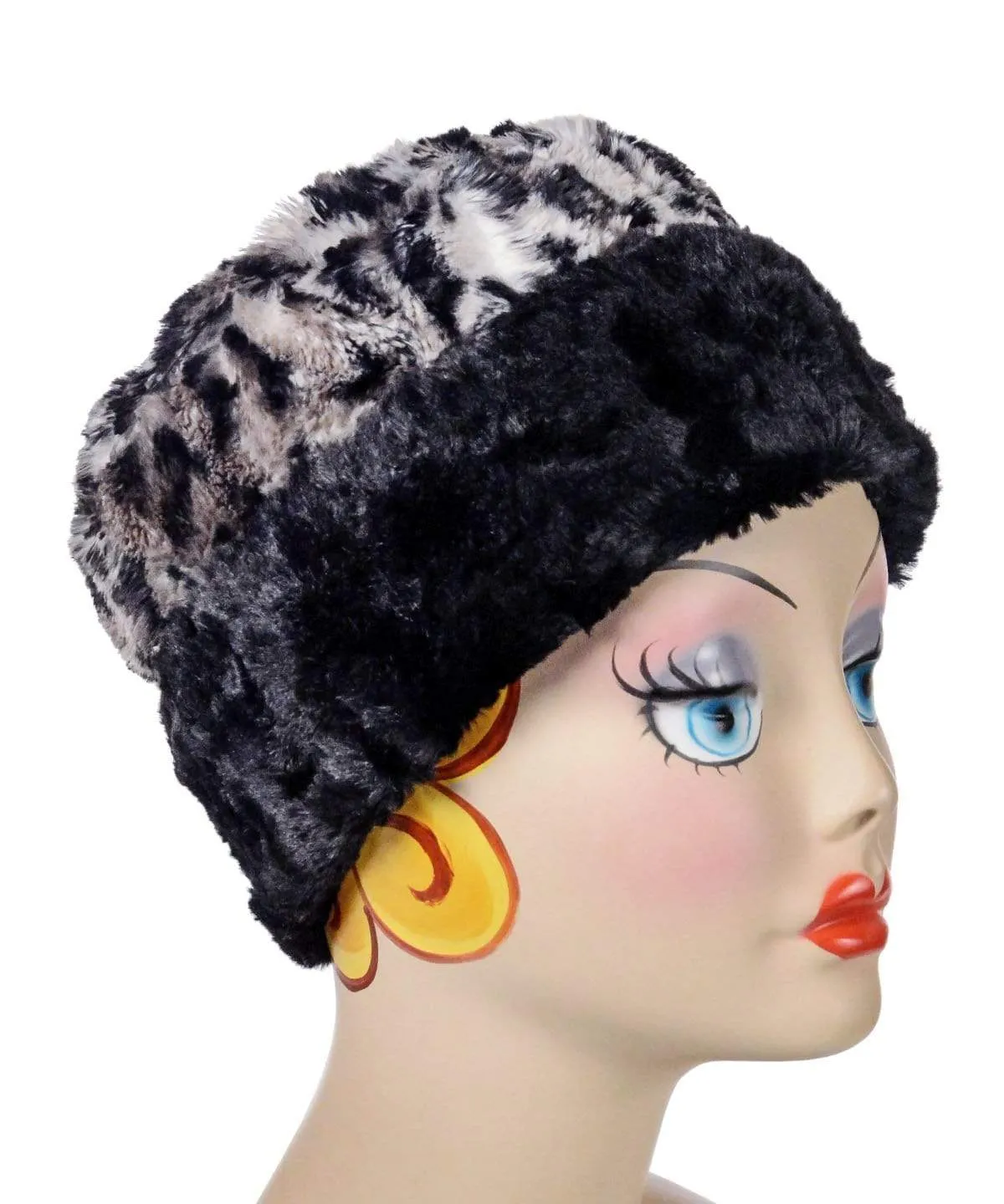 Cuffed Pillbox, Reversible (Solid or Two-Tone) - Luxury Faux Fur Savannah Cat in Gray ( Solid -Med. Sold out)