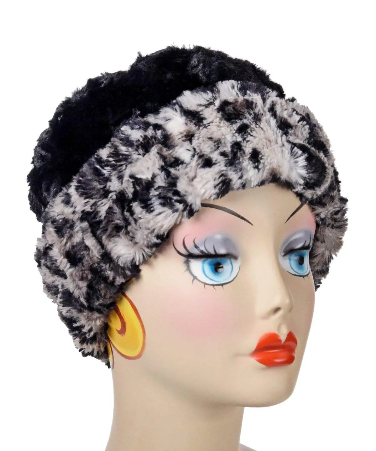 Cuffed Pillbox, Reversible (Solid or Two-Tone) - Luxury Faux Fur Savannah Cat in Gray ( Solid -Med. Sold out)