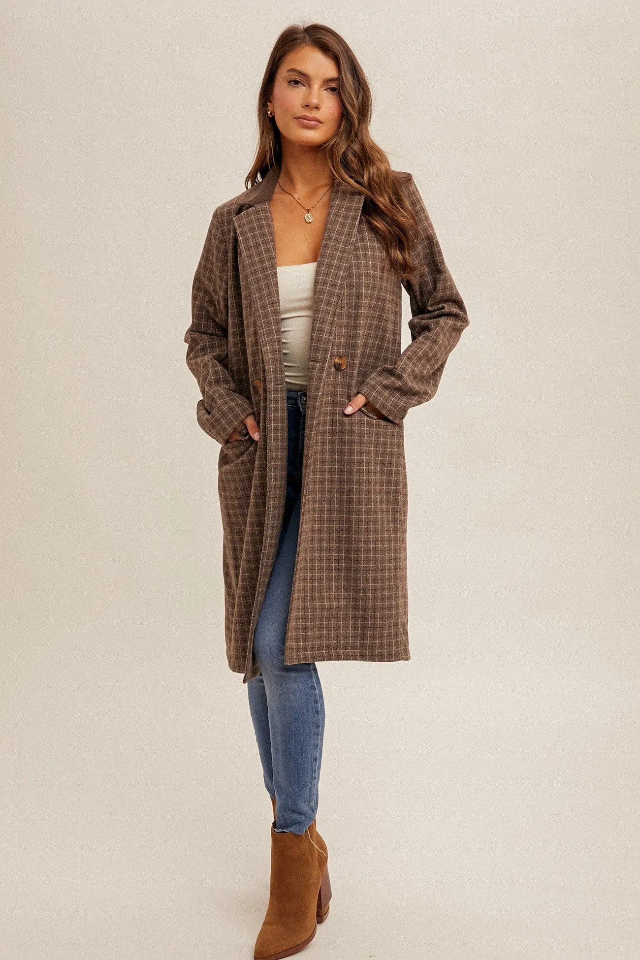 Double-Breasted Checkered Coat with Corduroy Contrast Collar and Pockets