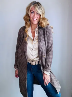 Double-Breasted Checkered Coat with Corduroy Contrast Collar and Pockets
