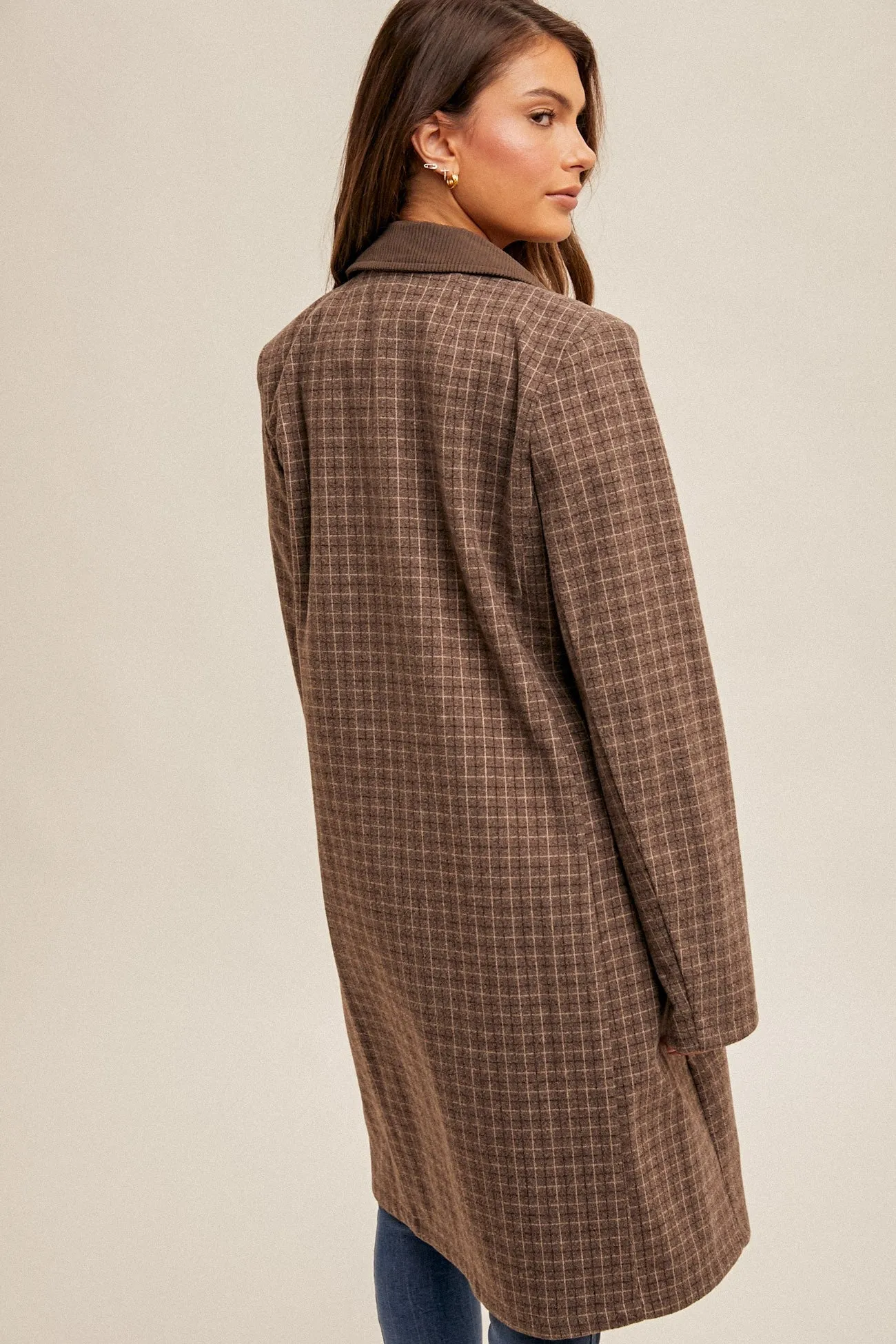Double-Breasted Checkered Coat with Corduroy Contrast Collar and Pockets