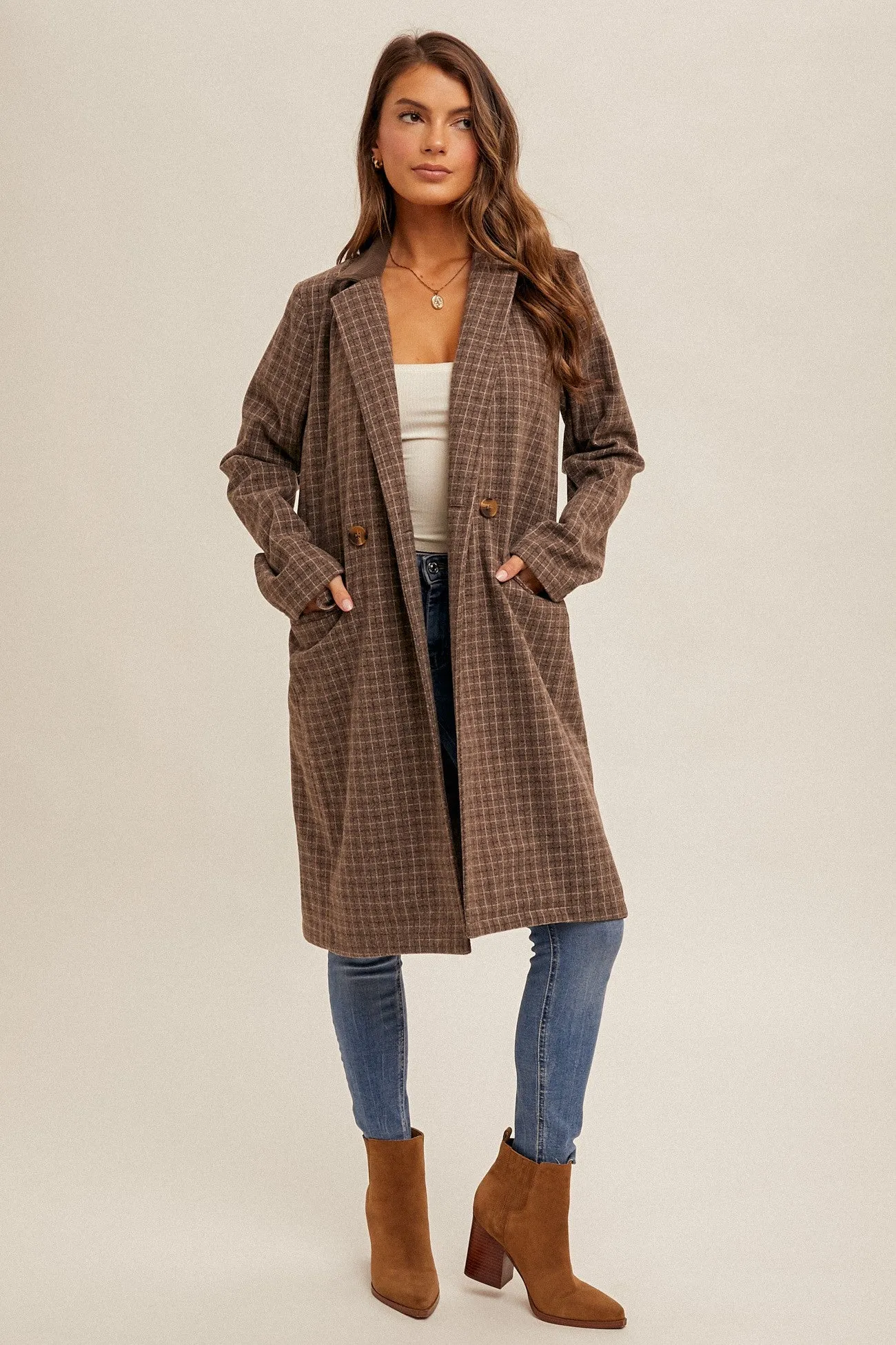 Double-Breasted Checkered Coat with Corduroy Contrast Collar and Pockets