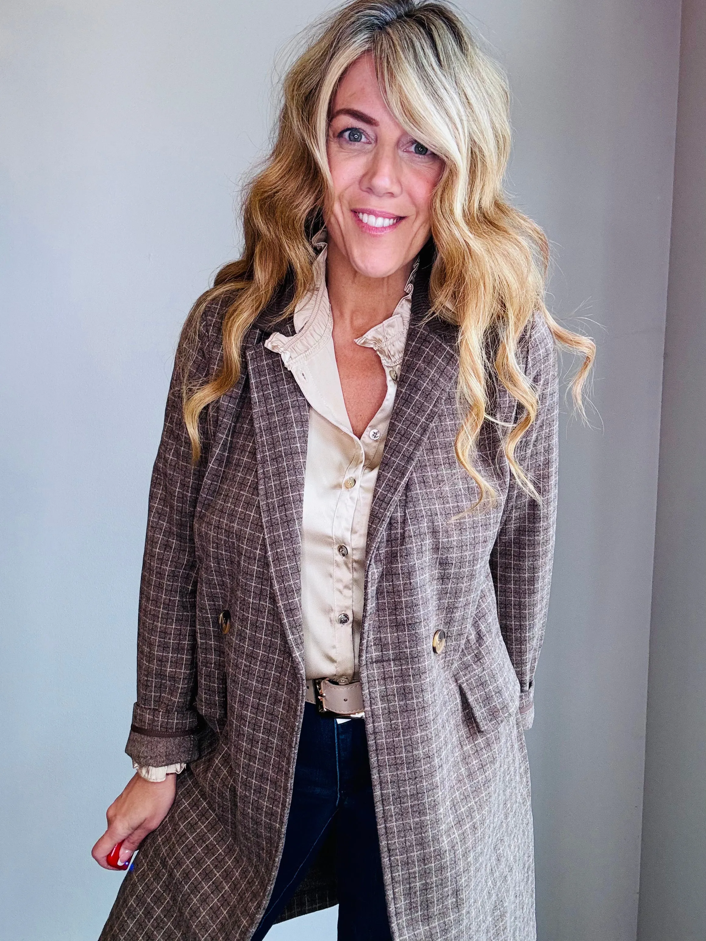 Double-Breasted Checkered Coat with Corduroy Contrast Collar and Pockets