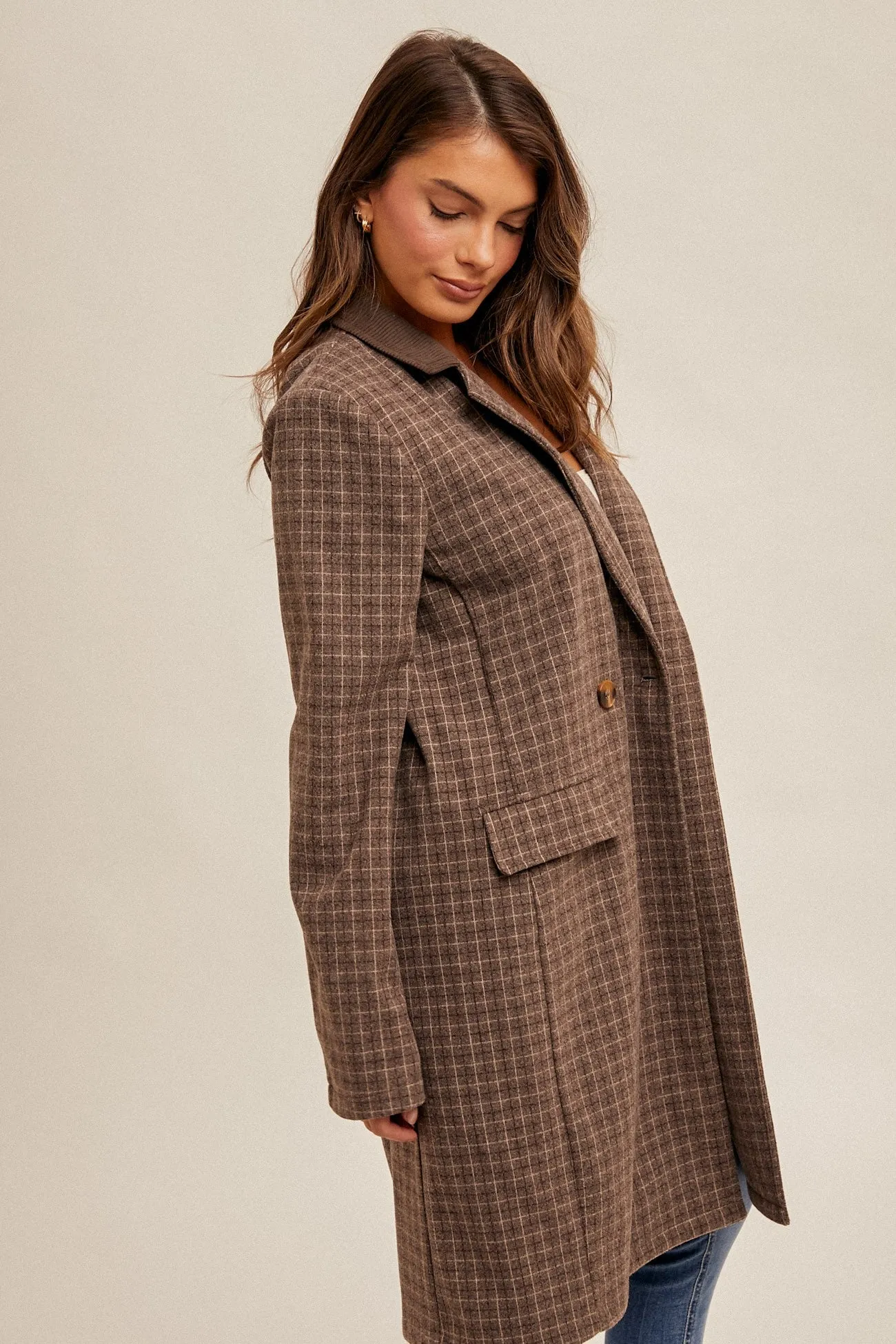 Double-Breasted Checkered Coat with Corduroy Contrast Collar and Pockets