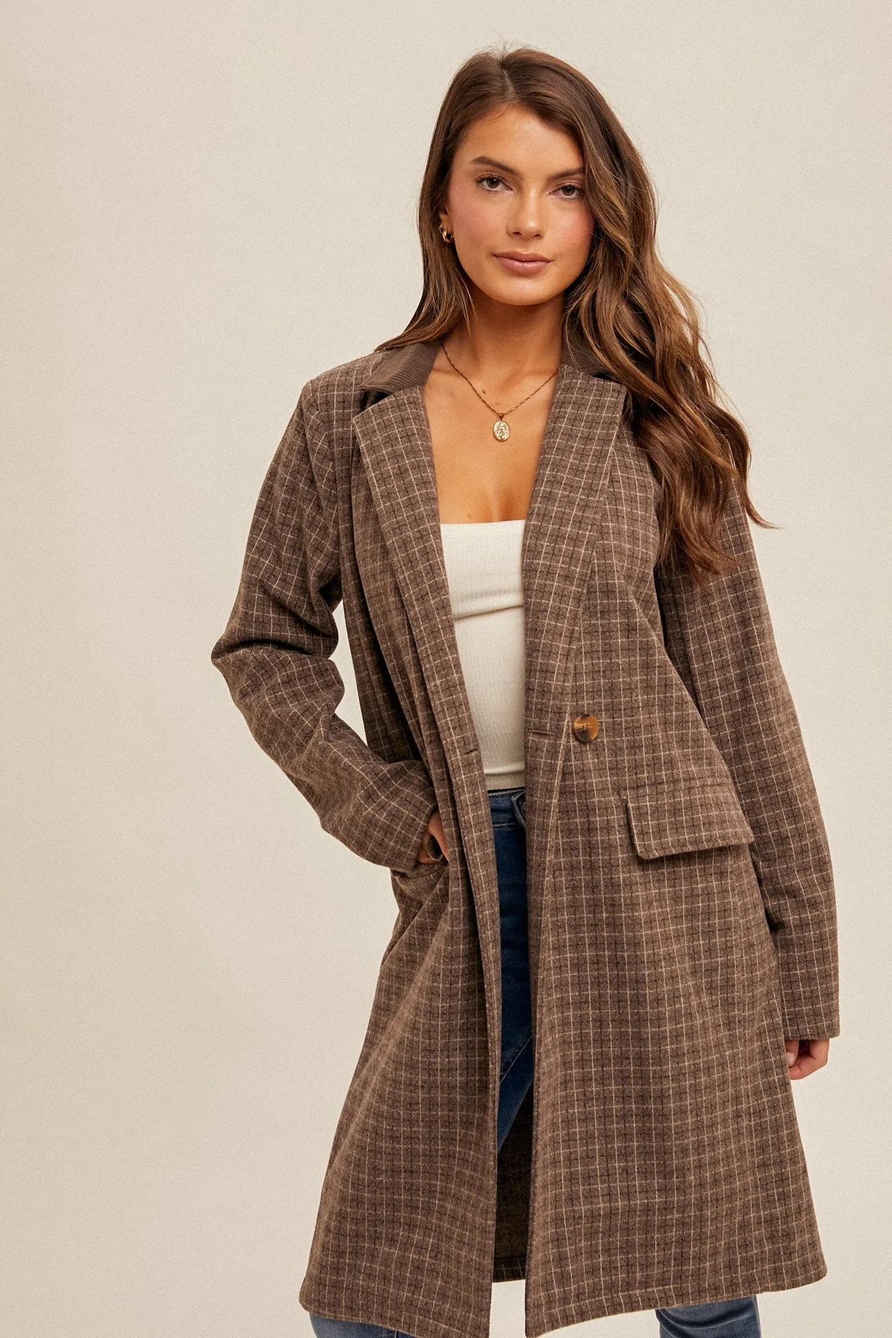 Double-Breasted Checkered Coat with Corduroy Contrast Collar and Pockets