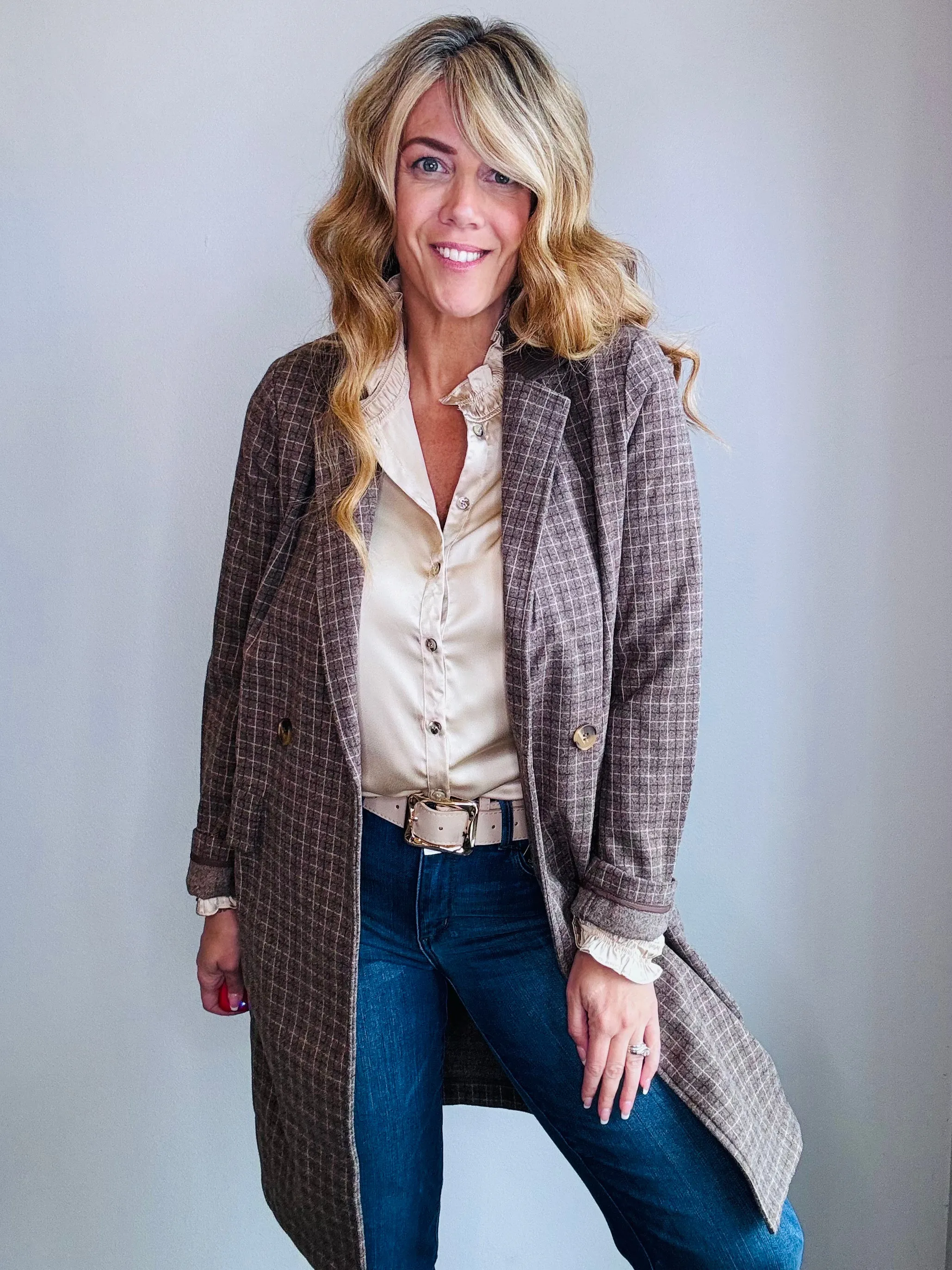 Double-Breasted Checkered Coat with Corduroy Contrast Collar and Pockets