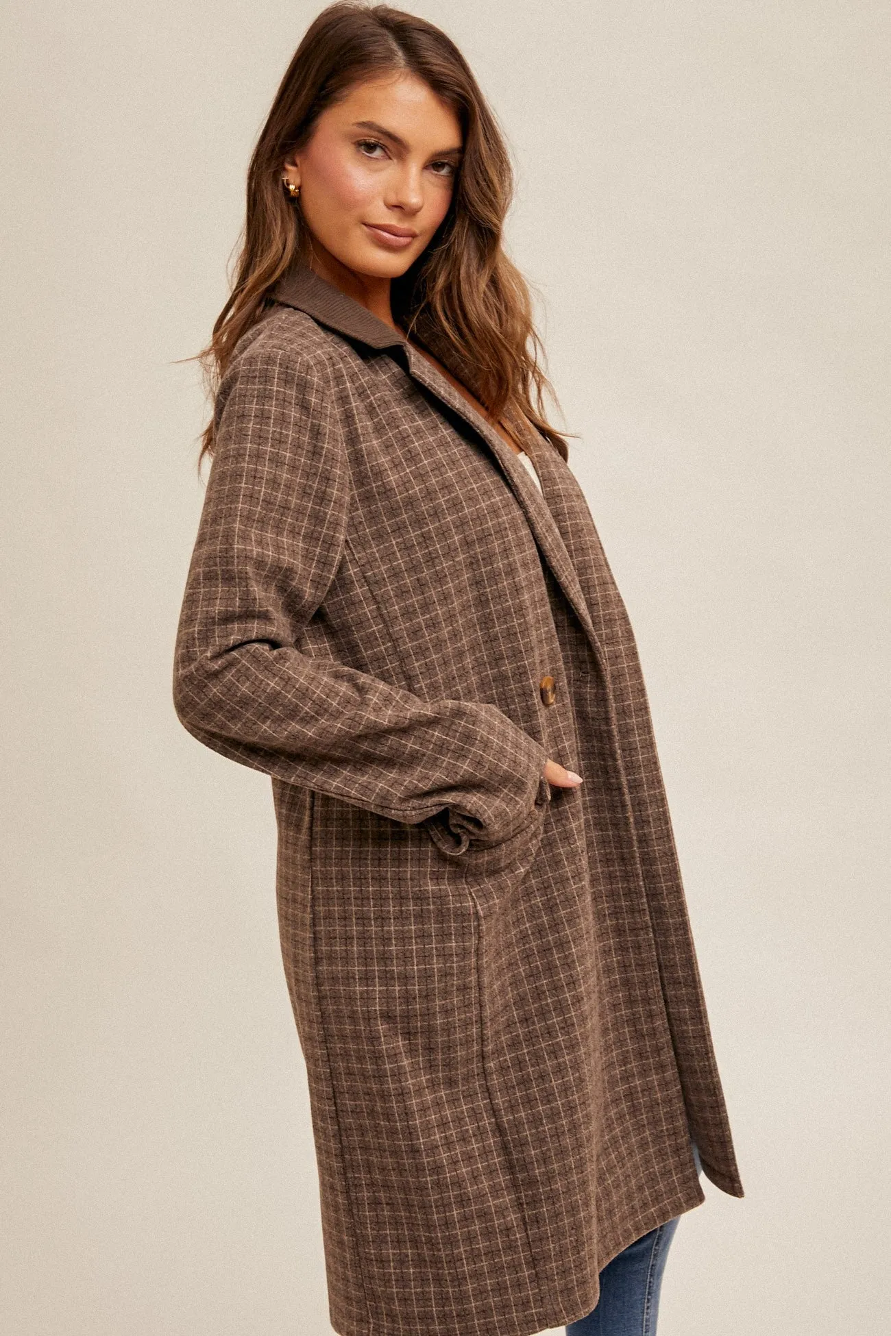 Double-Breasted Checkered Coat with Corduroy Contrast Collar and Pockets