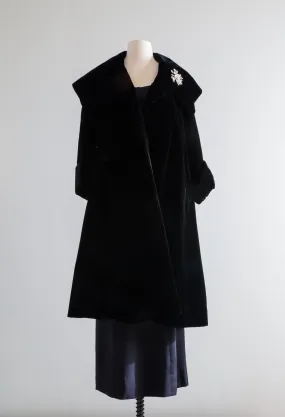 Dramatic 1950's Black Velvet Opera Coat With Huge Shawl Collar / Medium