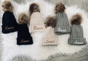 Embroidered Faux Fur Beanie