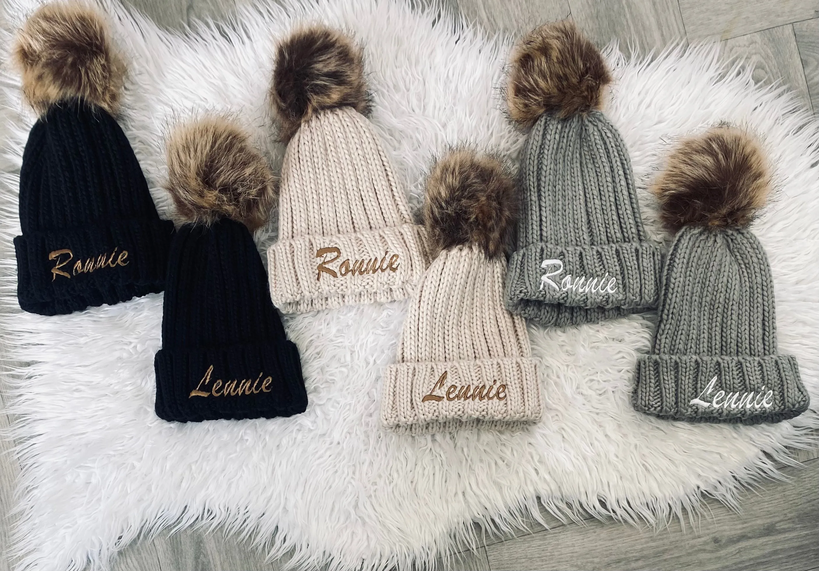 Embroidered Faux Fur Beanie