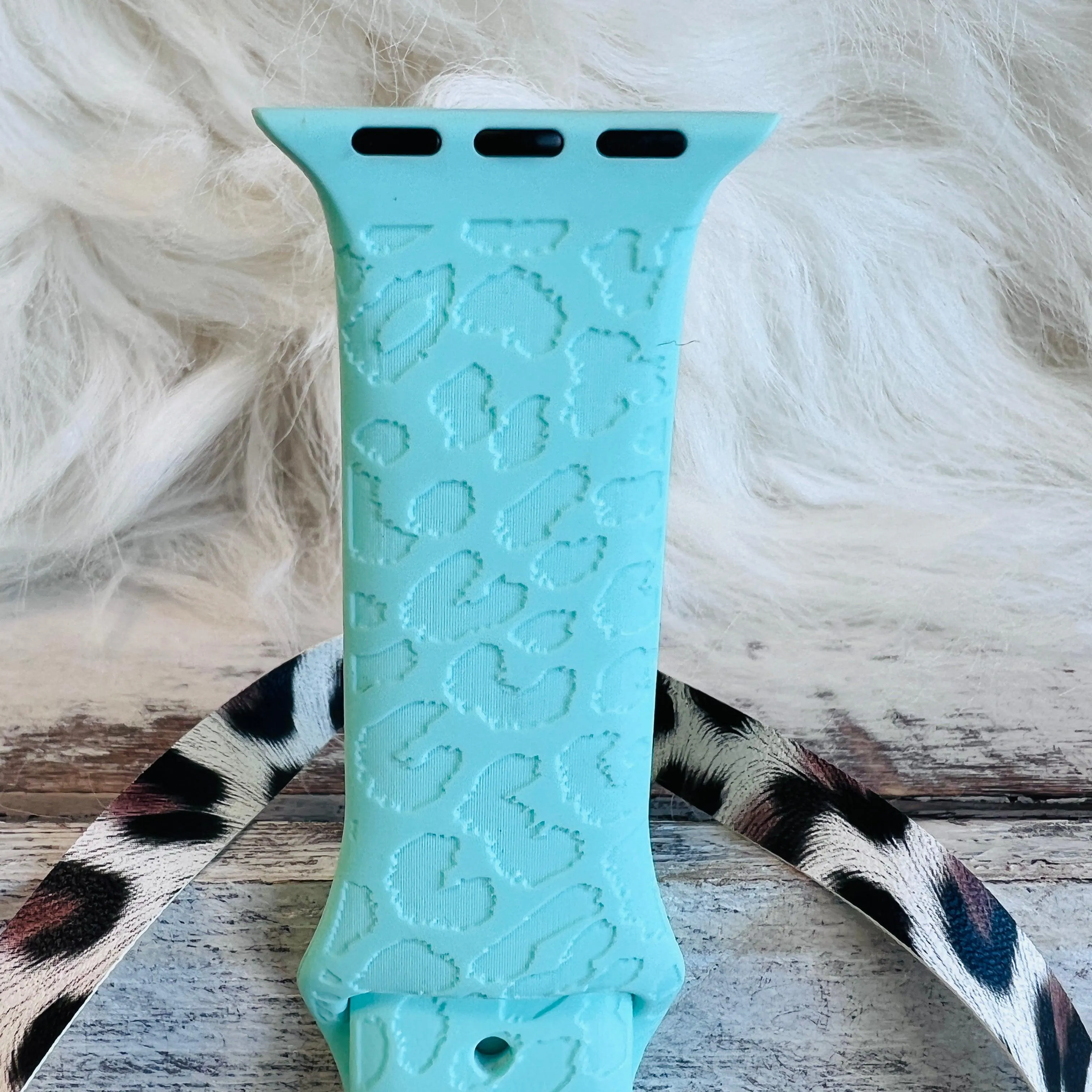 Engraved Mint Green Leopard Silicone Band For Apple Watch