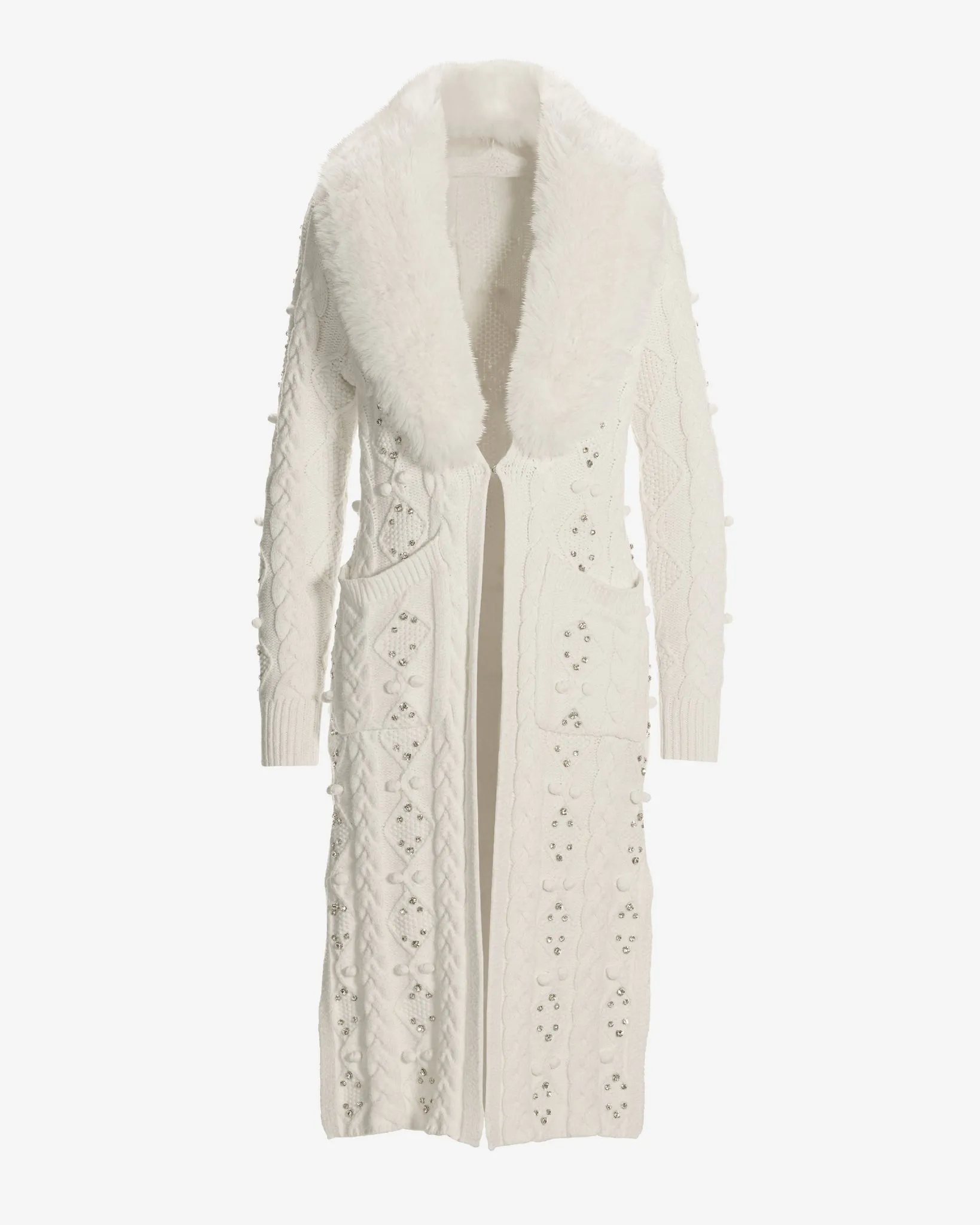Faux Fur Embellished Cable Duster Off White