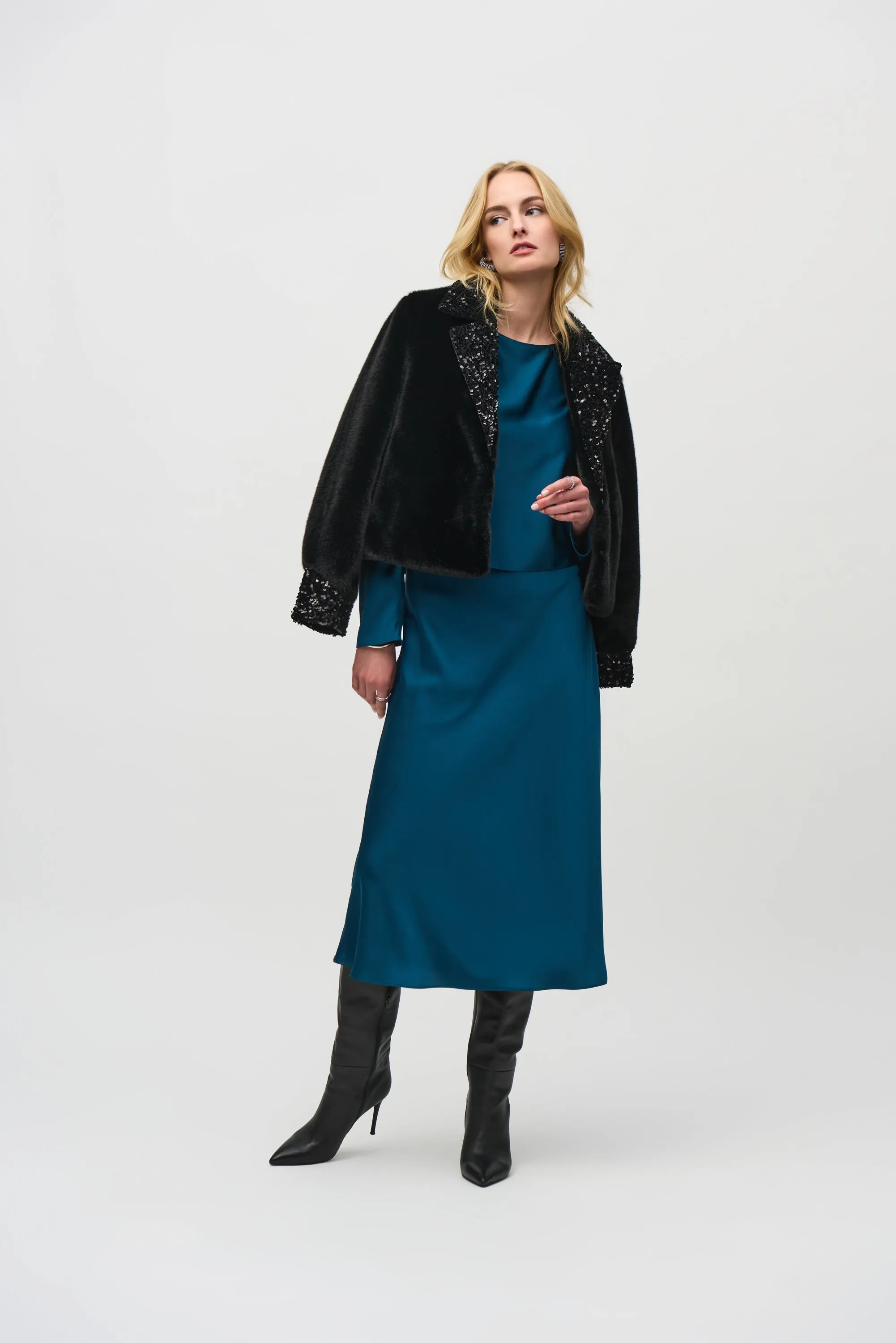 Faux Fur Jacket with Sequins Trim Style 244920