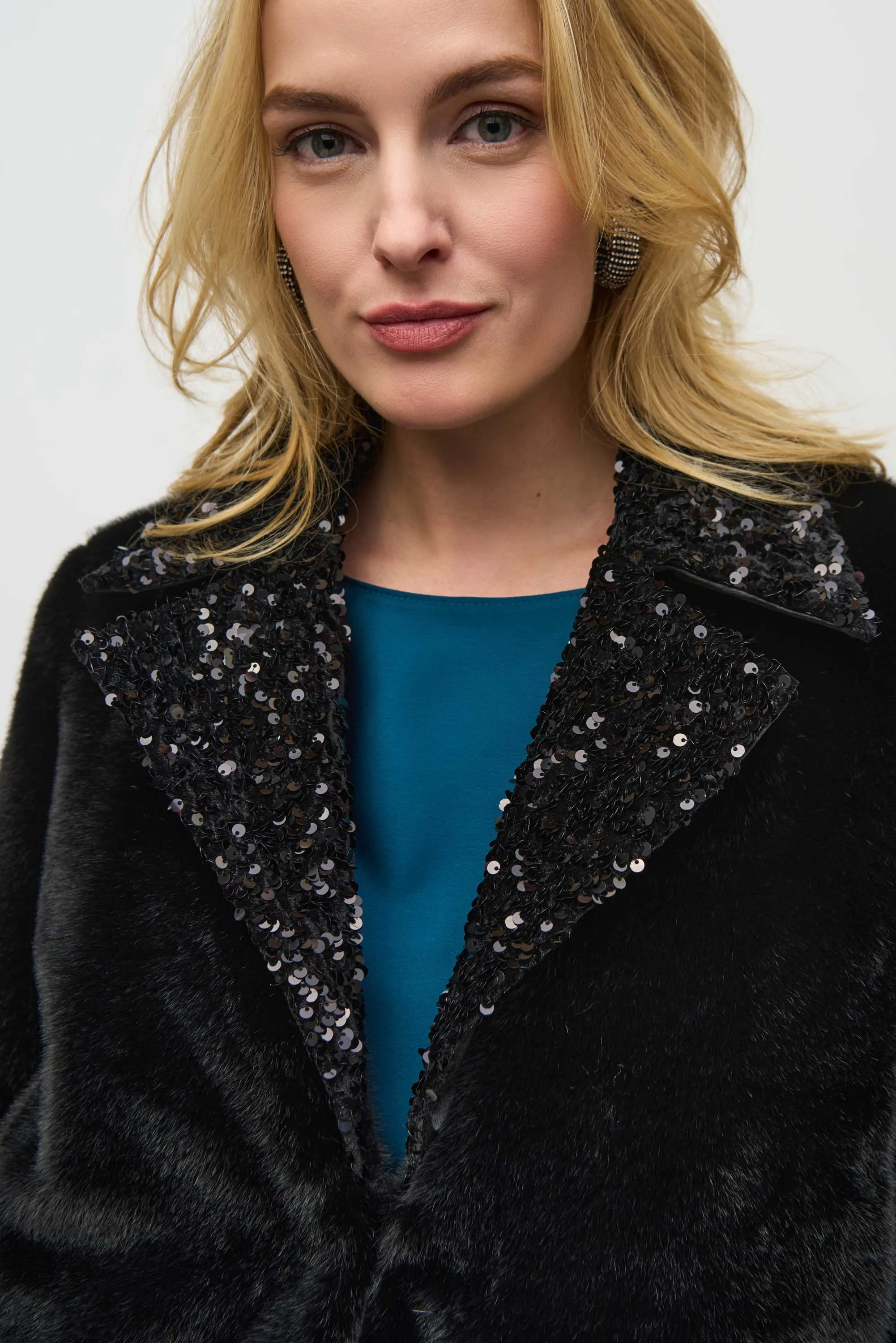 Faux Fur Jacket with Sequins Trim Style 244920