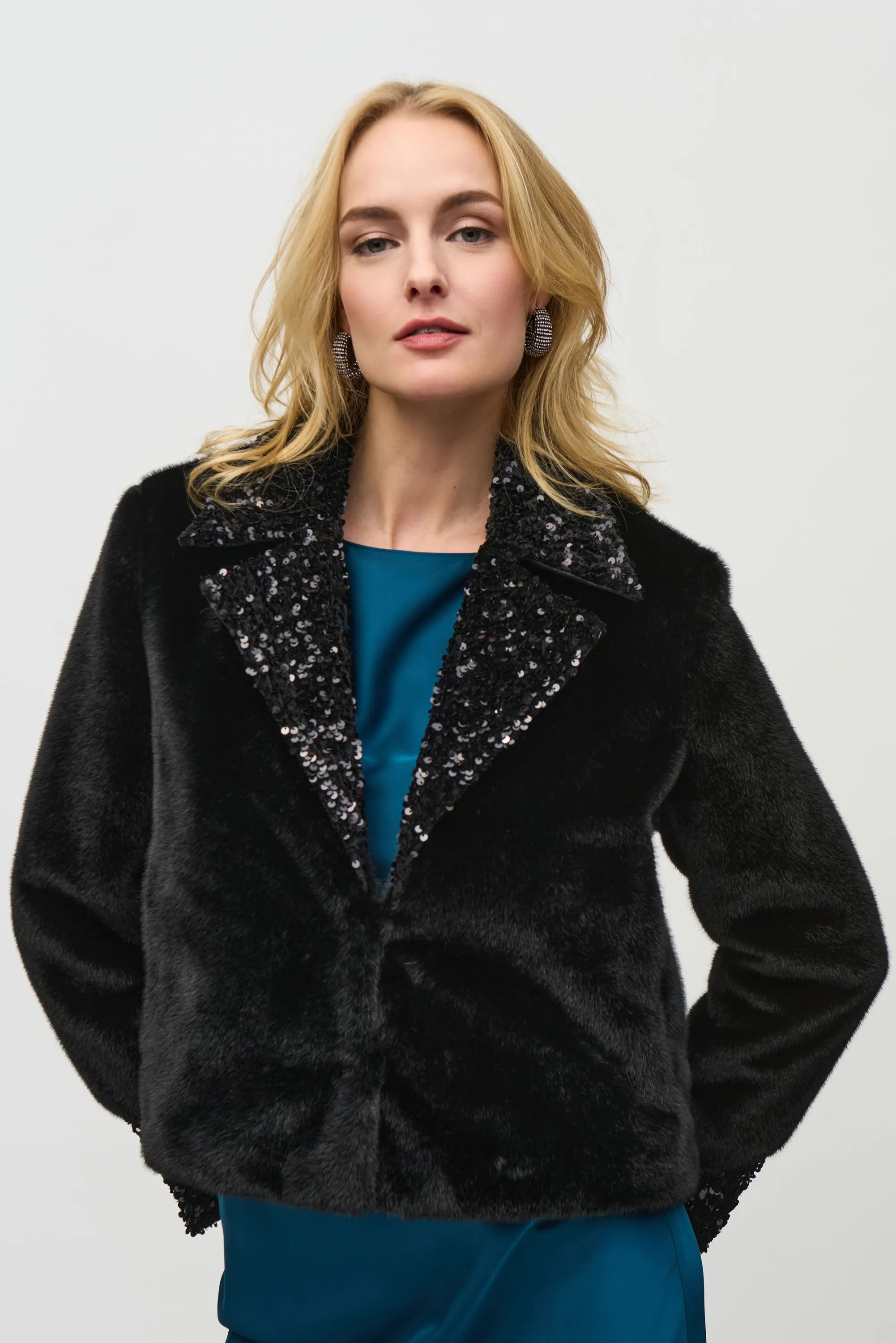 Faux Fur Jacket with Sequins Trim Style 244920