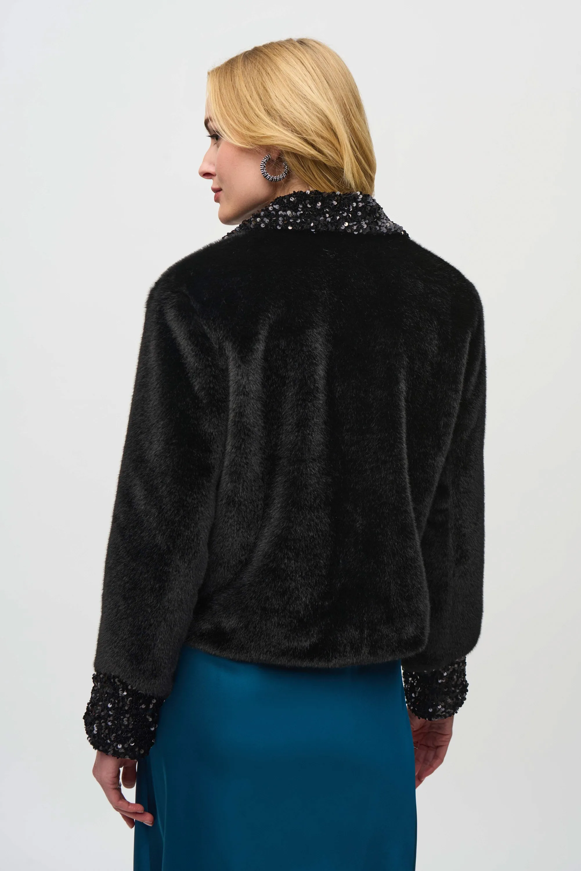 Faux Fur Jacket with Sequins Trim Style 244920