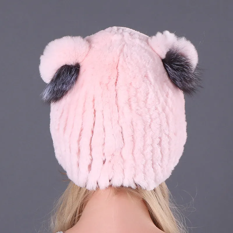 Fur hat knitting women's winter thickening warm ear protection bag head cat ear hat pink