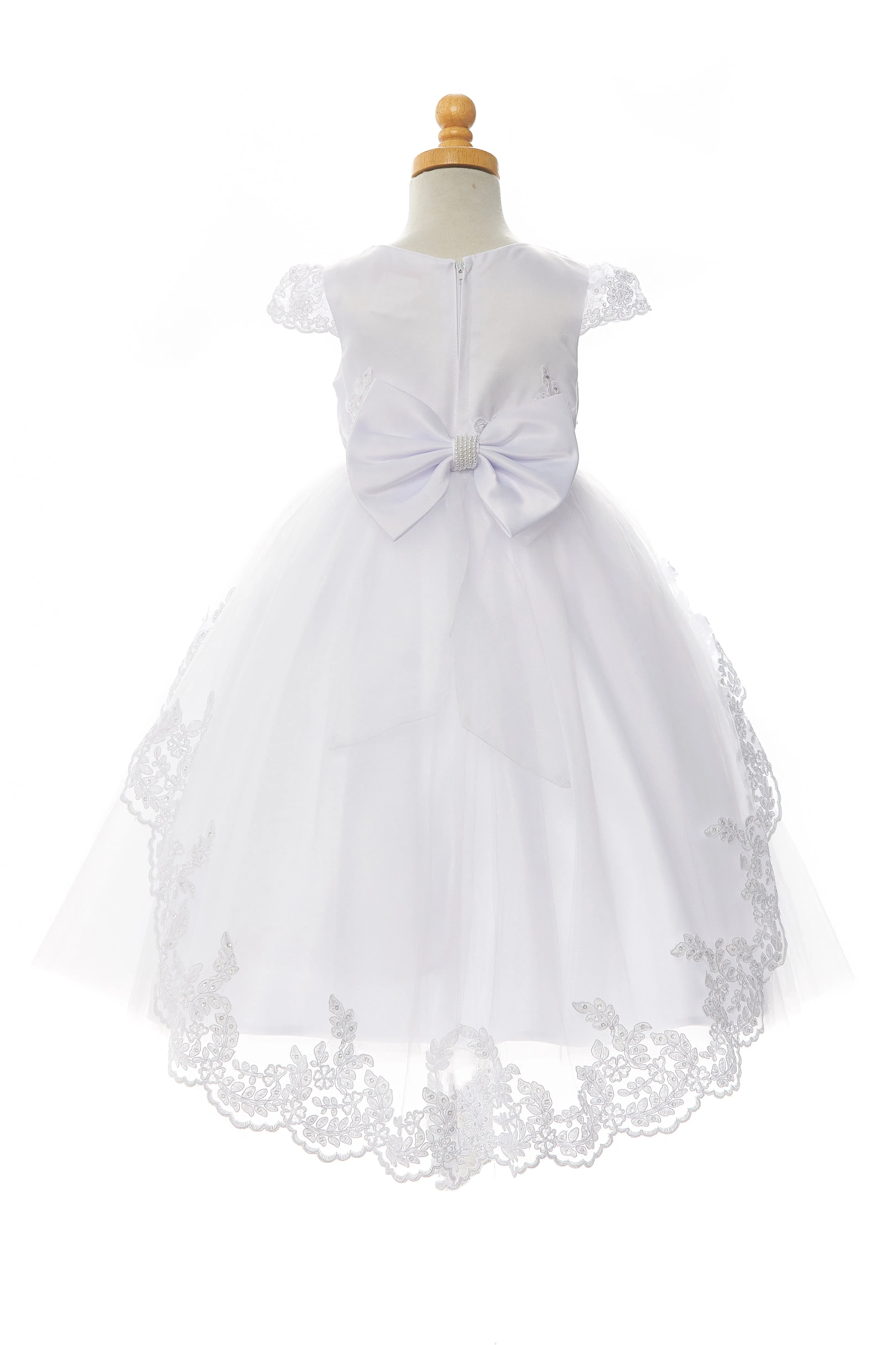 Girls White Sequin Beaded Lace Cap Sleeves Satin Communion Dress, Sizes 7-20