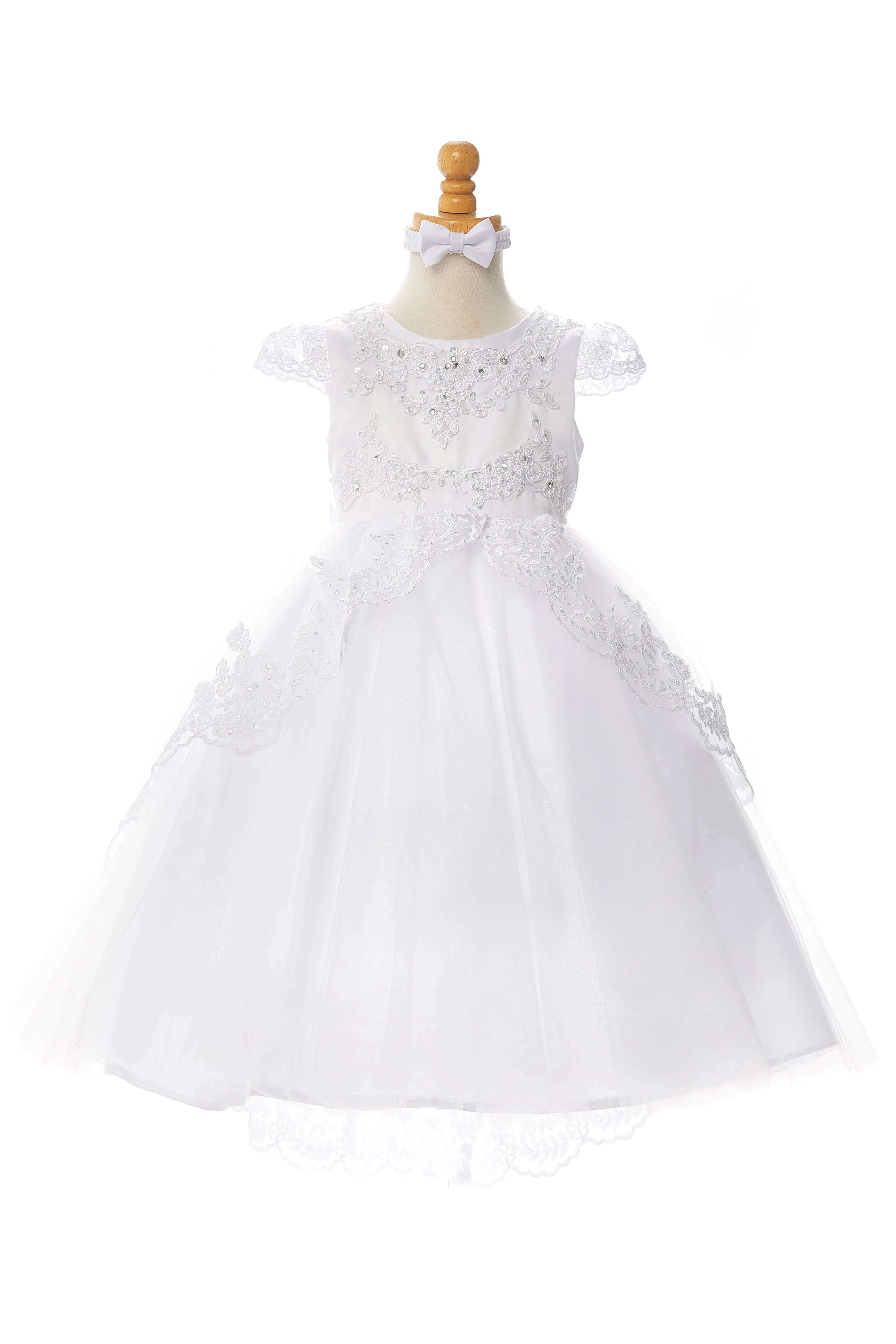 Girls White Sequin Beaded Lace Cap Sleeves Satin Communion Dress, Sizes 7-20
