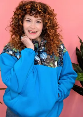 Half-Zip Pullover in Leaves/Leopards and Turquoise