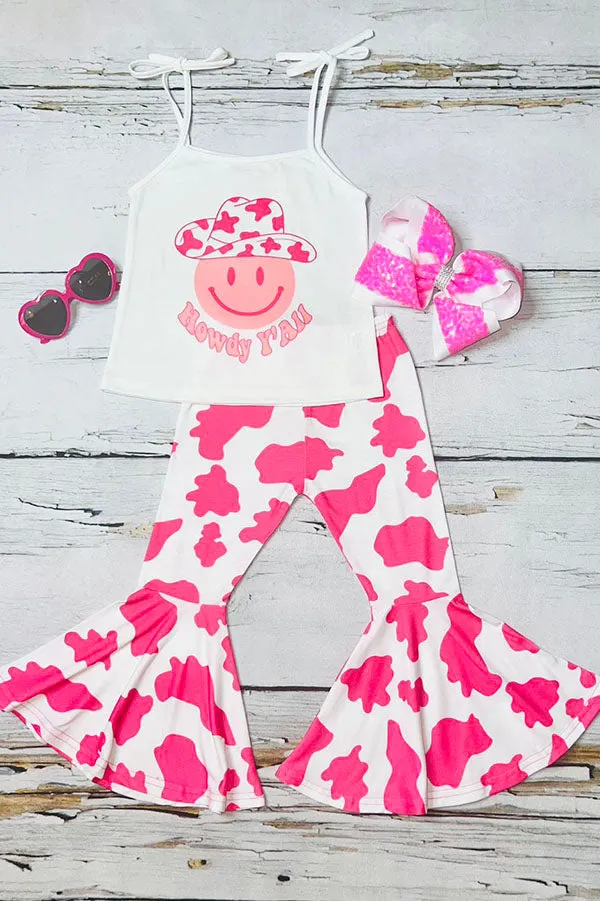 ”Howdy Y'ALL" smile face tunic & bell-bottom pant girls clothing sets XCH0777-23H