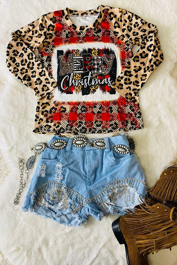 Kids "Merry Christmas‘’ Plaid & Leopard Print Top DLH2637