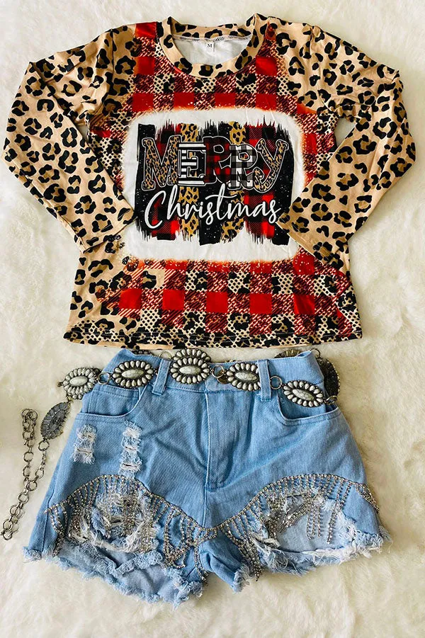 Kids "Merry Christmas‘’ Plaid & Leopard Print Top DLH2637