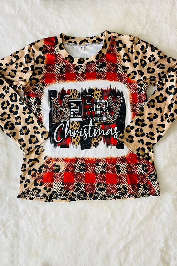 Kids "Merry Christmas‘’ Plaid & Leopard Print Top DLH2637