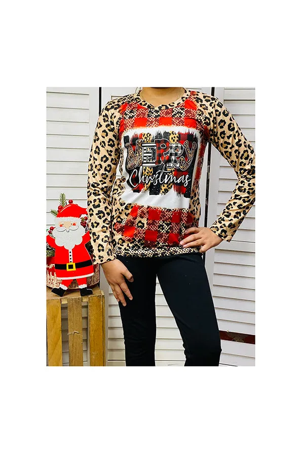 Kids "Merry Christmas‘’ Plaid & Leopard Print Top DLH2637
