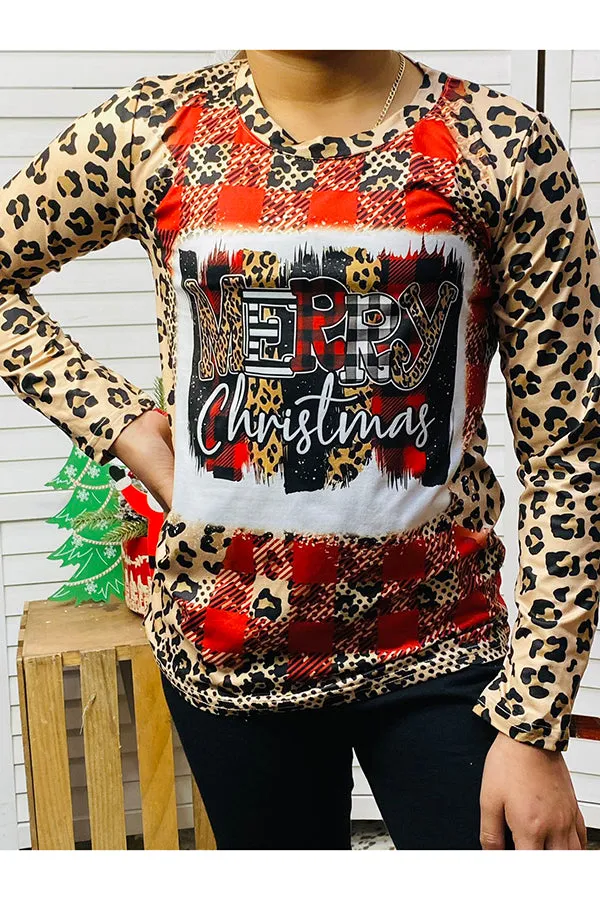 Kids "Merry Christmas‘’ Plaid & Leopard Print Top DLH2637