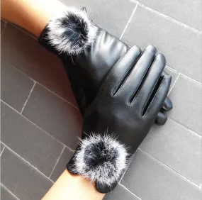 Leather Wrist Rabbit Fur Ball Gloves