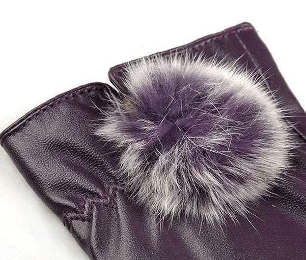 Leather Wrist Rabbit Fur Ball Gloves
