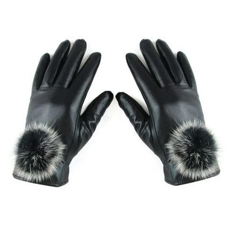 Leather Wrist Rabbit Fur Ball Gloves