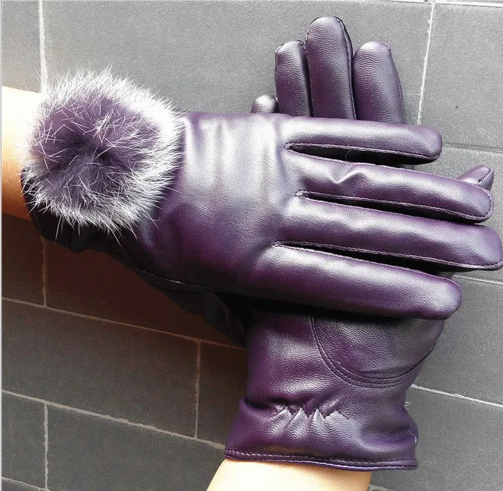 Leather Wrist Rabbit Fur Ball Gloves