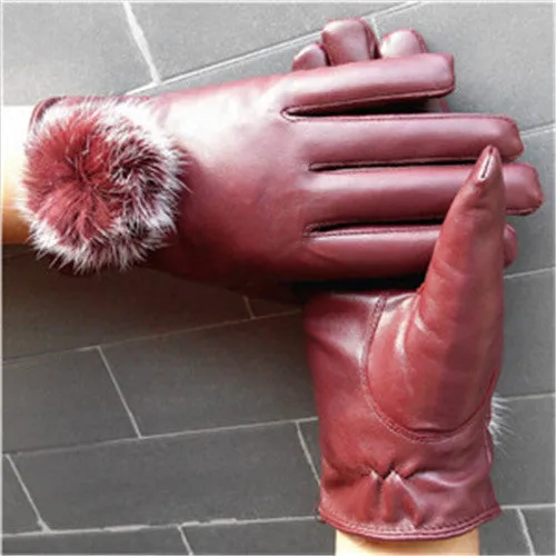 Leather Wrist Rabbit Fur Ball Gloves