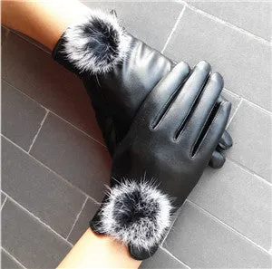Leather Wrist Rabbit Fur Ball Gloves