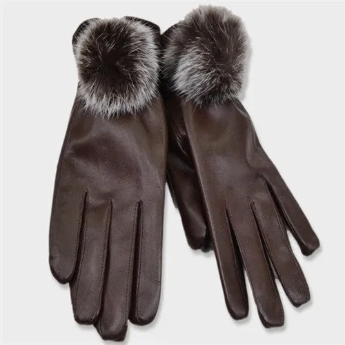 Leather Wrist Rabbit Fur Ball Gloves