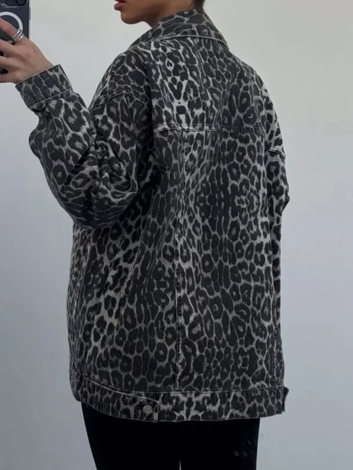 Leopard Button Up Long Sleeve Denim Top