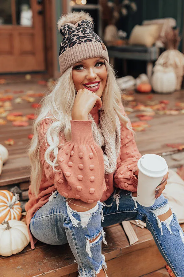 Leopard Love Faux Fur Pom Beanie in Warm Taupe