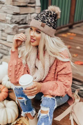 Leopard Love Faux Fur Pom Beanie in Warm Taupe