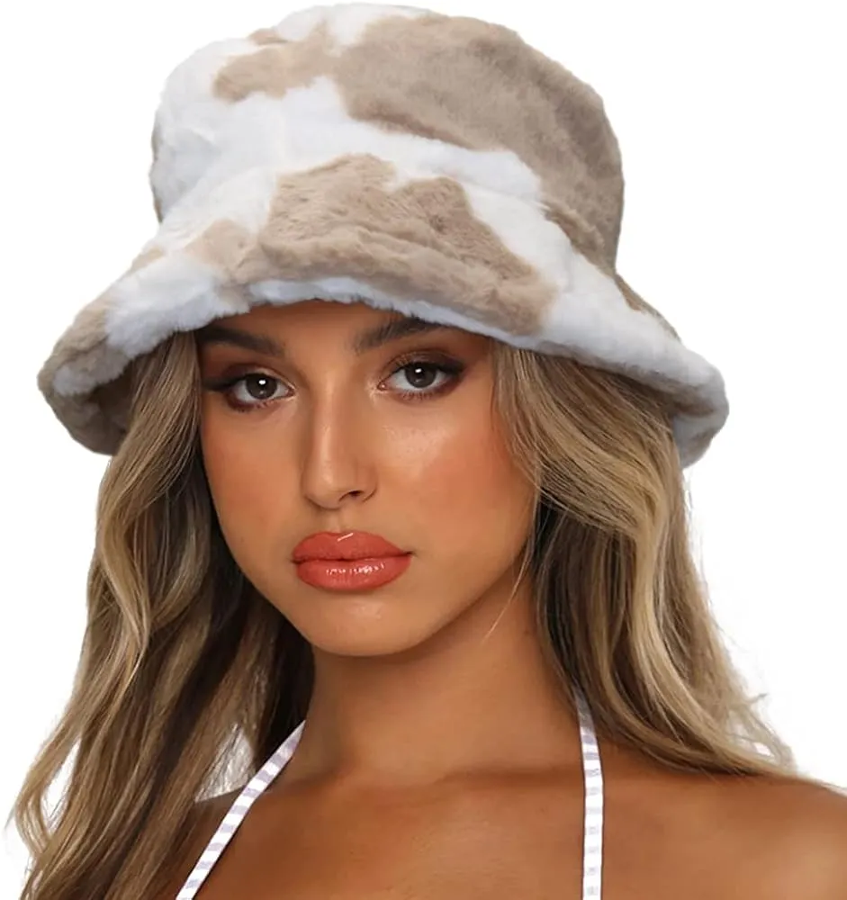 Light Beige Faux Fur Winter Bucket Hat