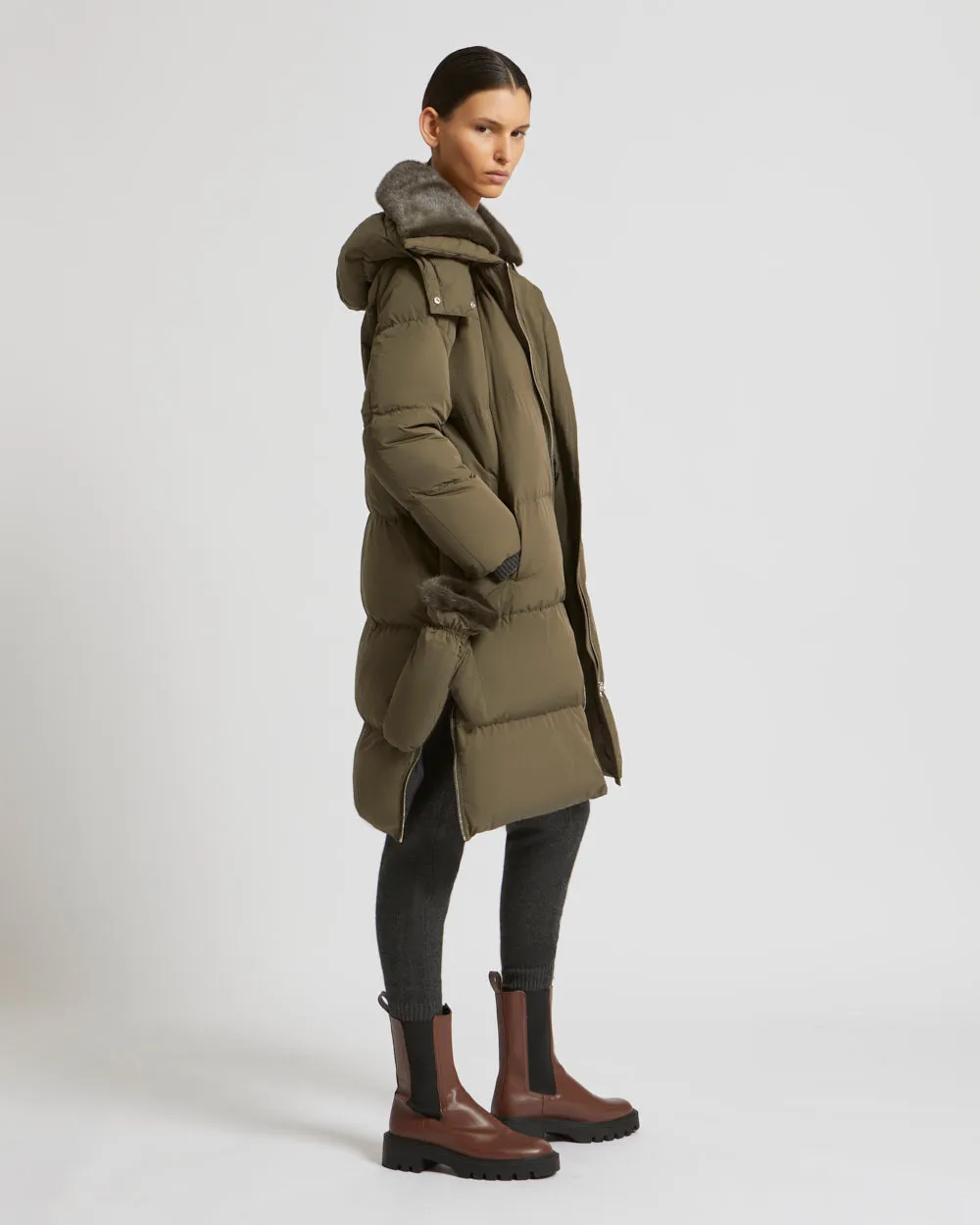 Long down jacket in waterproof technical fabric with mink fur collar
