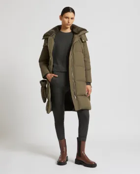 Long down jacket in waterproof technical fabric with mink fur collar