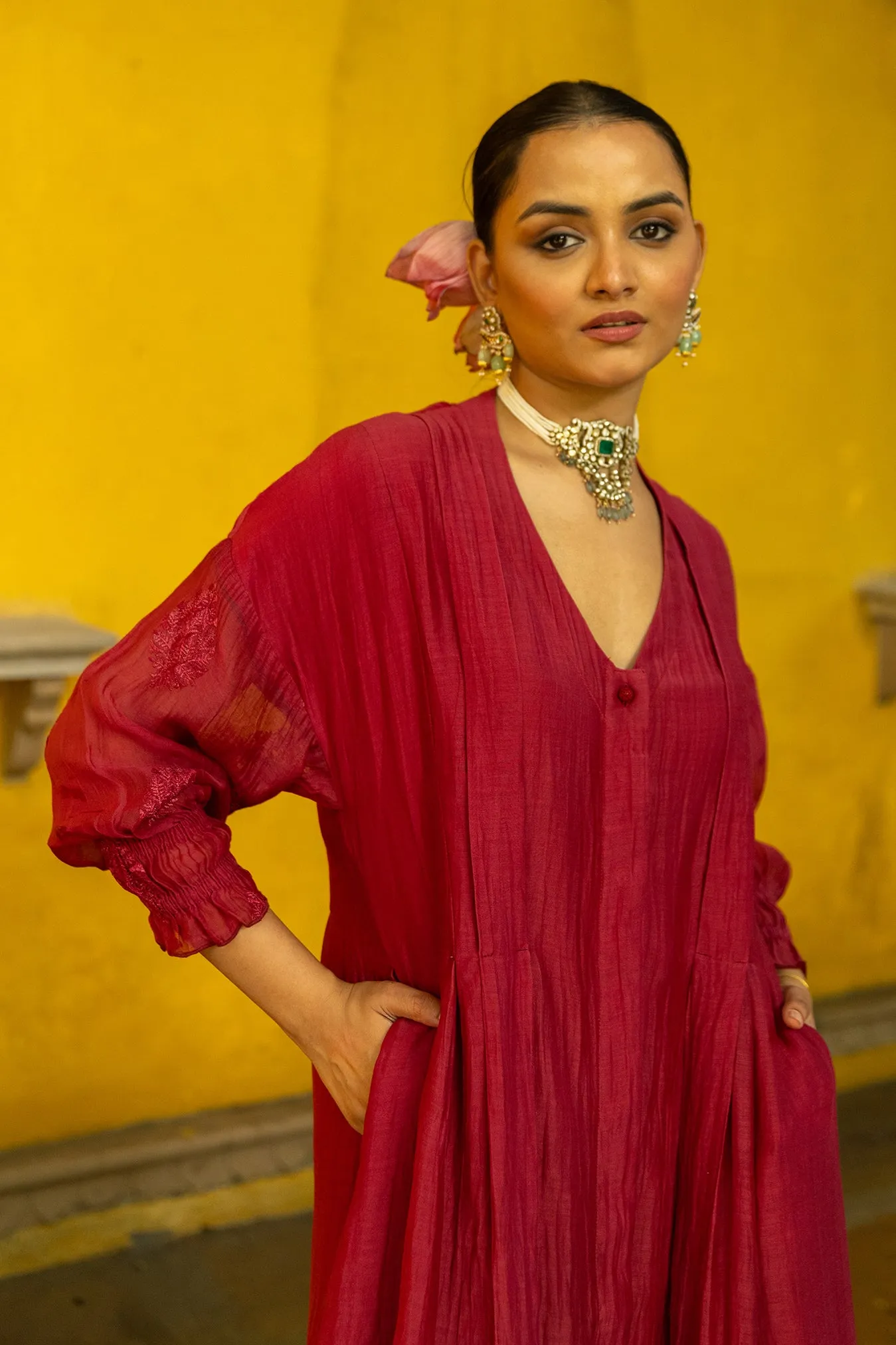 Long Front Open Kurta Dress with Matching Scalloped Pants & Embroidered Sleeves