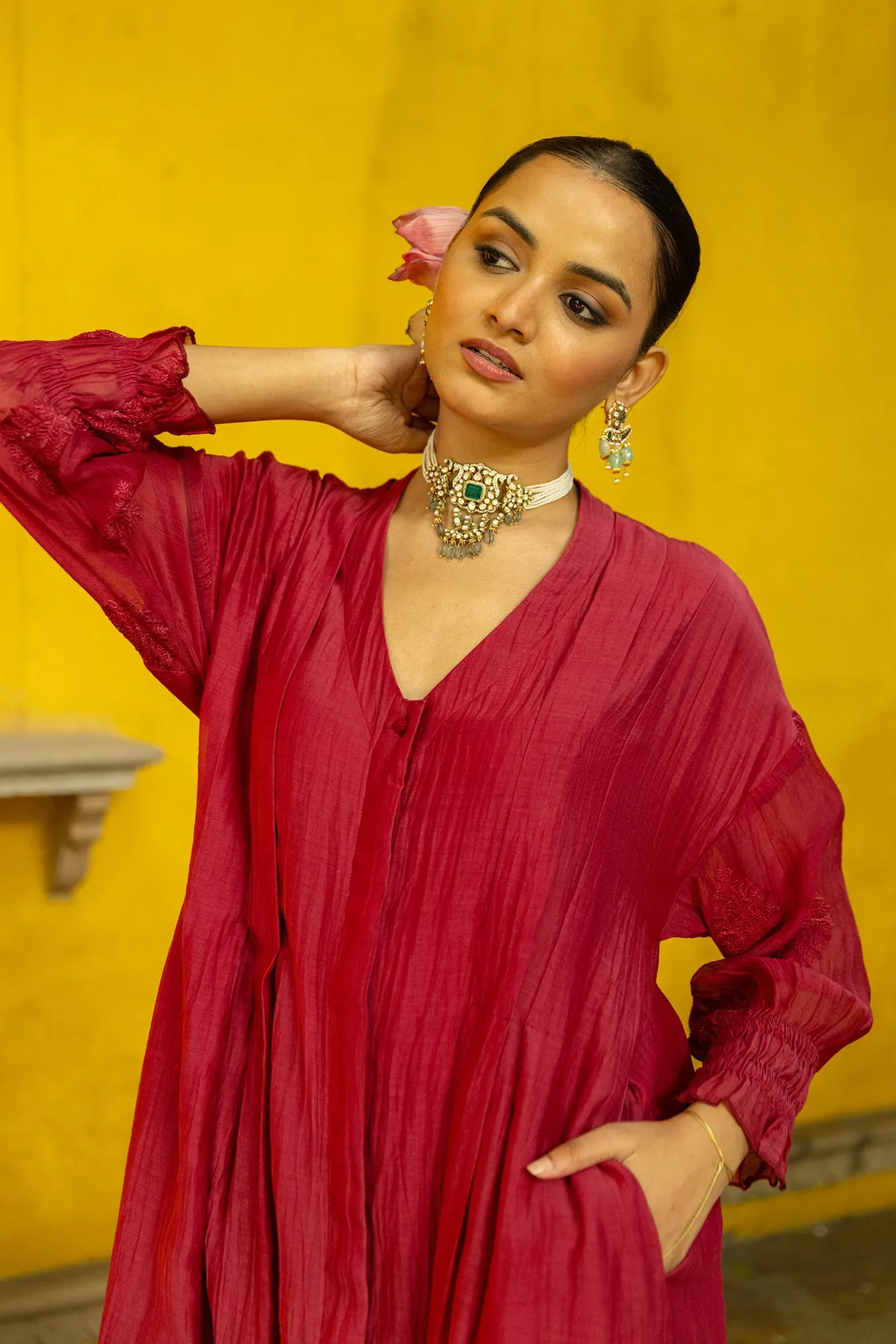 Long Front Open Kurta Dress with Matching Scalloped Pants & Embroidered Sleeves